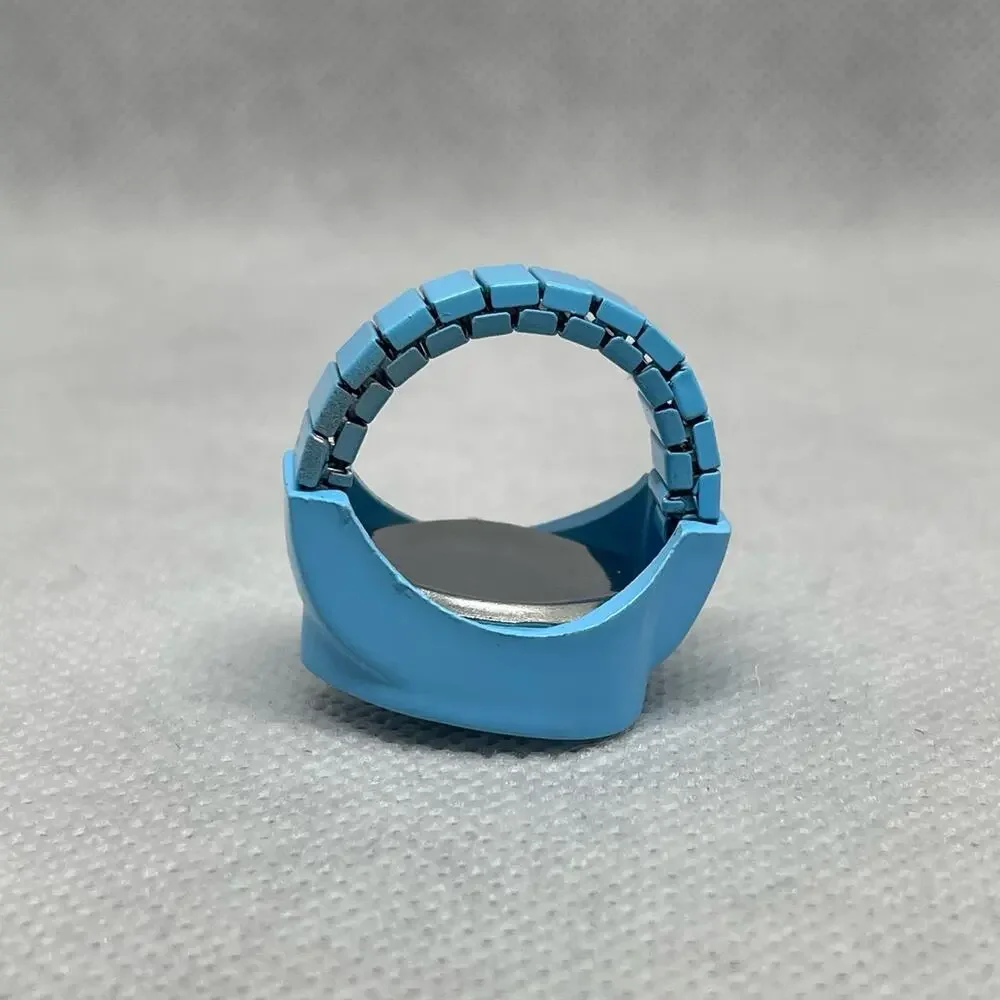 Retro Blue Enameled Stainless Steel Stretch Band Ring Watch With Rhinestones